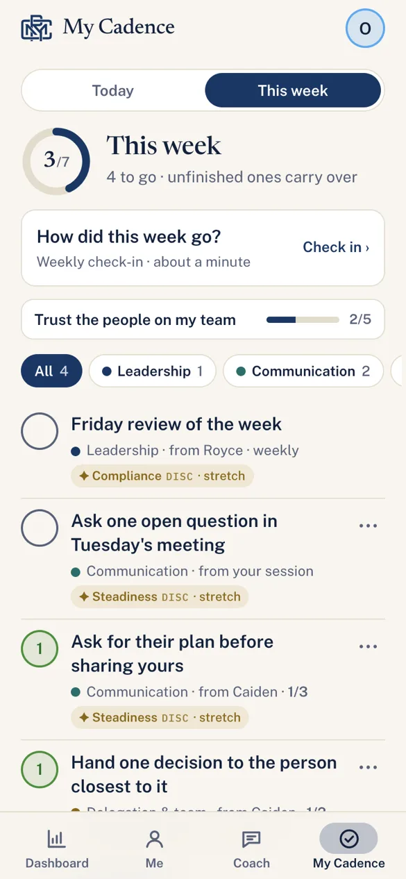 The app's This week screen: tasks from coaching sessions, each tagged with the TTI behavior it builds
